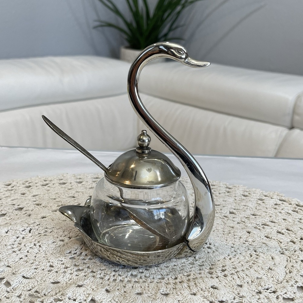 Vtg Silver Plate Swan Jam Jelly Condiment Pot Jar Glass Insert Spoon Hong Kong